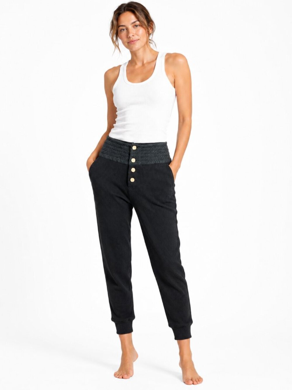 Bassike Black Waffle Knit Jogger Pants Button Up Cotton Lace-Up Tie Back Size S